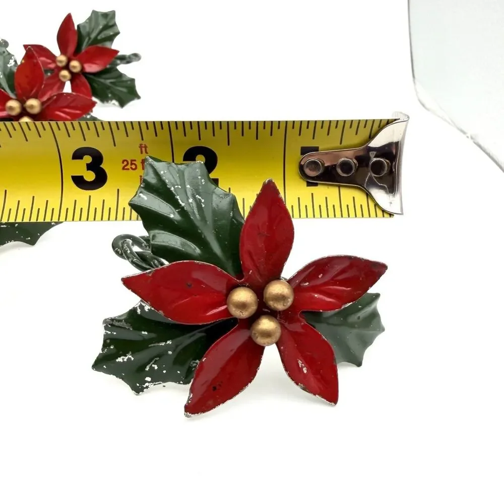 Vintage Poinsettia Napkin Rings Lot Of 10 Metal Art Gold Balls Paint Worn